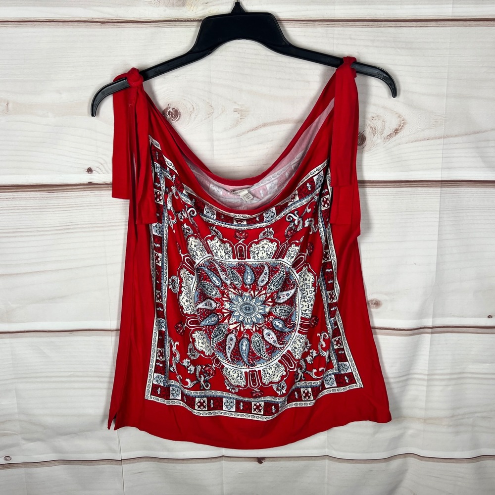 Cato Bandana Print Tank Womens 14W 16W Red Paisley Tie Shoulder Cowl Neck Top